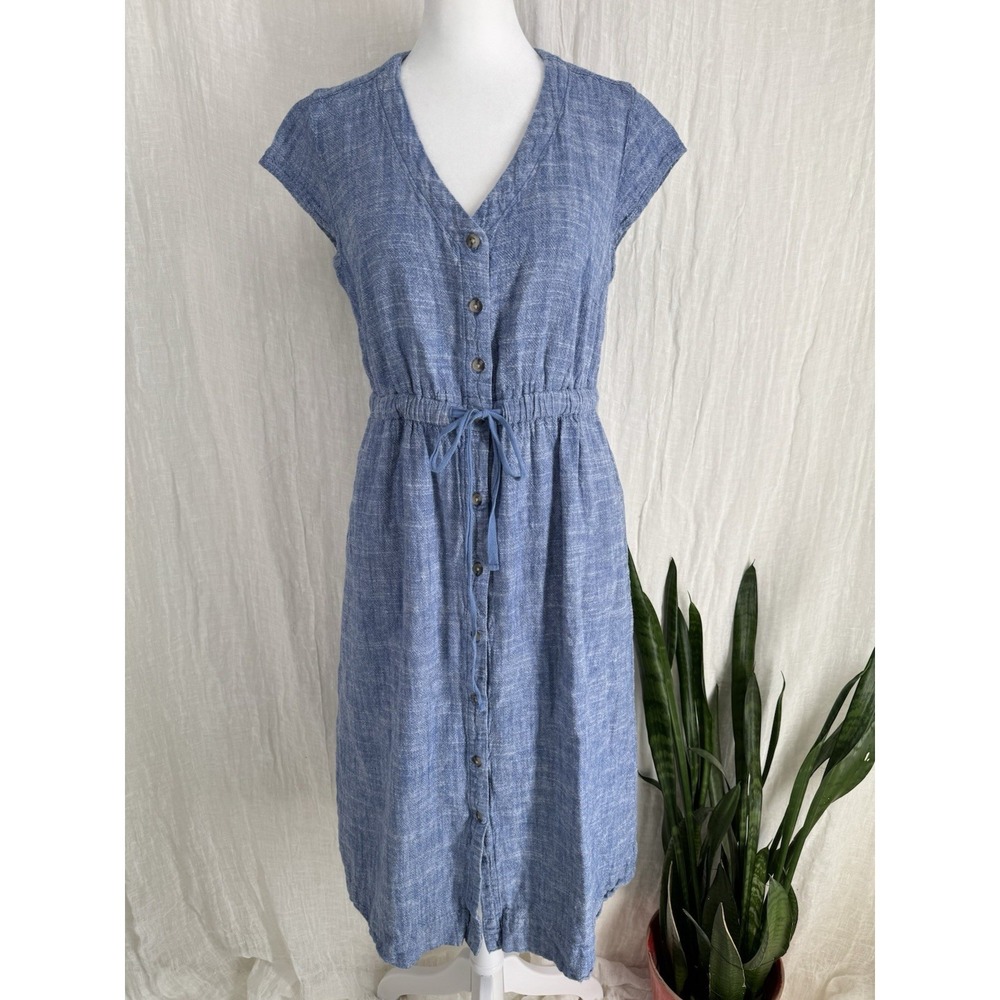 Coastal Resort Button Front Midi Dress S Beach Vacation Pockets Linen Blend Tie